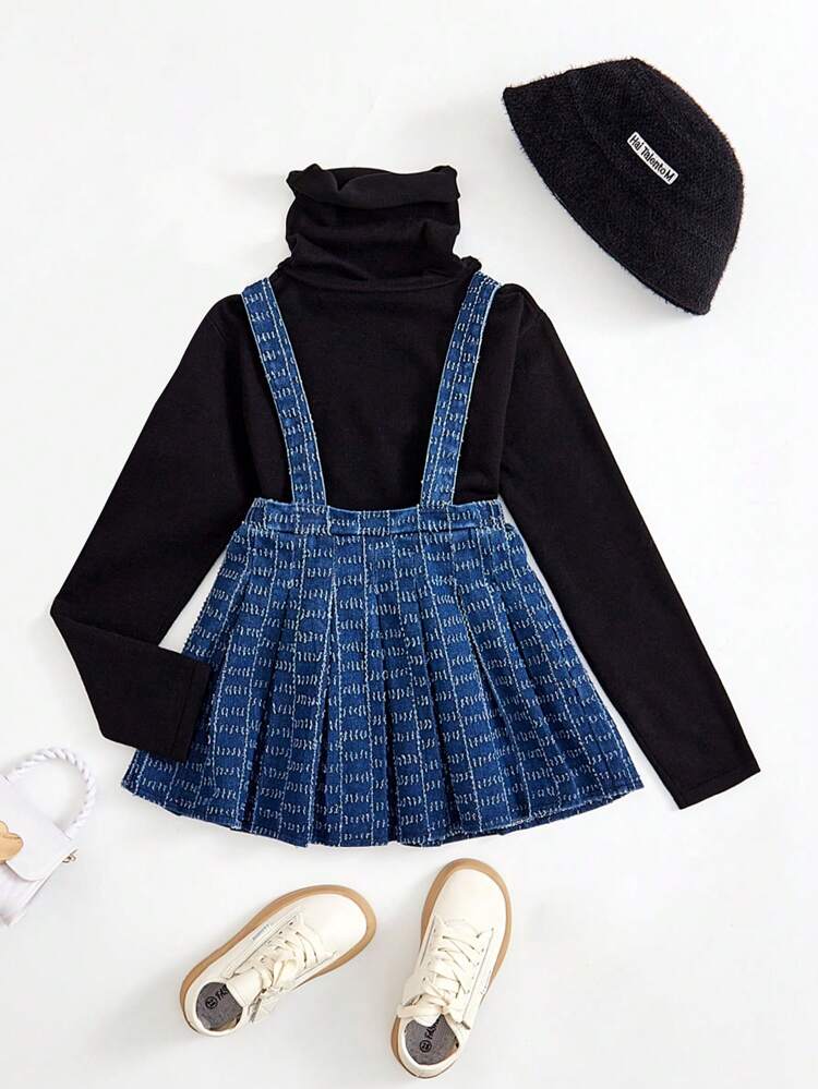 Young Girl Allover Pattern Pleated Suspender Skirt Without Tee and Hat