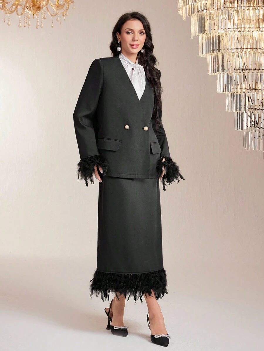 Modelyn Fuzzy Trim Blazer & Split Back Skirt 2 Piece Set - Black - View 1