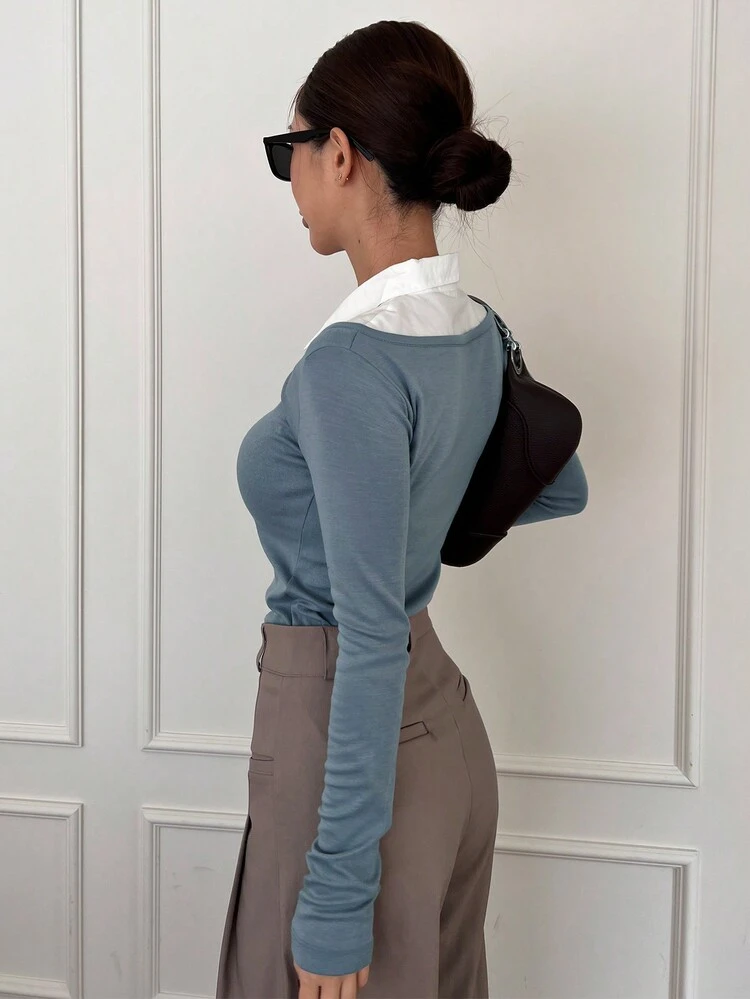 Contrast Color 2 In 1 T-Shirt Long Sleeve Women Tops