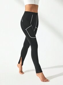 Easithlete Khối màu Quần Leggings thể thao Với Viền chia cắt Và Cạnh cuộn Chi tiết - màu đen - Xem 8