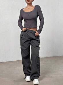 SHEIN EZwear Halve knop Crop T-shirt & Taille met trekkoord Broeken