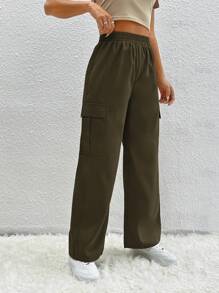 SHEIN PETITE Flap Pocket Cargo Long Pants - Dark Green - View 3