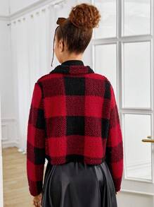 青少年女孩格紋印花翻蓋細節毛絨夾克 - 紅色 - 查看 2