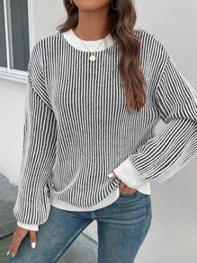 SHEIN Essnce 條紋圖案落肩袖套頭毛衣 - 黑與白 - 查看 4