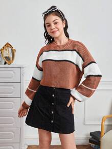 Garota Adolescente Bloco De Cores Ombro Caído Suéter