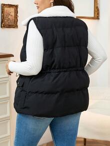 Calvaya Talla grande Abrigo chaleco acolchado de cintura con cordón con bolsillo con solapa - Negro - Ver 2