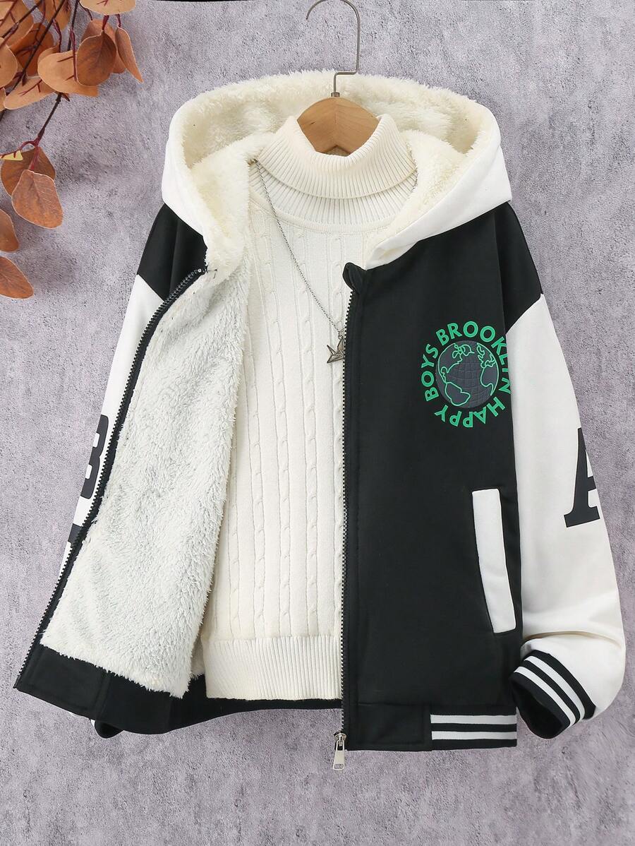 SHEIN Tween Boy 1pc Letter Graphic Contrast Sleeve Thermal Lined Hooded Jacket - Black - View 1