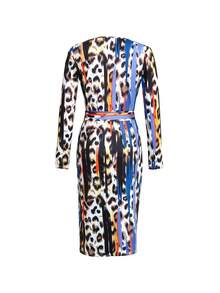Leopard Print Long Sleeve Round Neck Dress With Waist Belt - Blue - View 2