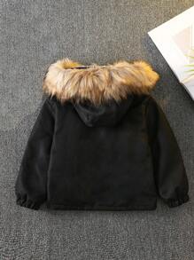 SHEIN Baby Boys' Letter Pattern Thermal Lined Jacket With Fur Collar - Black - View 6