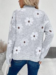 SHEIN Essnce Mô hình hoa Cổ giả Thả vai Áo len - Xám - Xem 2