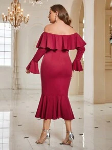 SHEIN Belle Burgundy Red Plus Off Shoulder Ruffle Trim Flare Sleeve Mermaid Hem Cocktail Dress - Burgundy - View 4