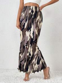 SHEIN Clasi 滿版印花褶皺木耳邊半身裙 - 軍綠色 - 查看 4