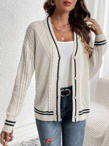 SHEIN LUNE Của phụ nữ Khối màu Sọc Cắt tỉa Thả vai Nút phía trước Áo len Mở - Màu be - Xem 5