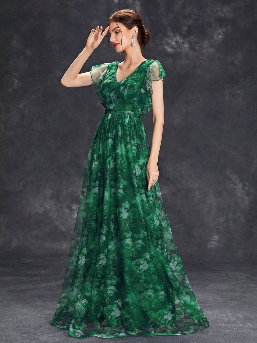 Women's Floral Print Ruffle Sleeve Elegant Mother Of The Bride Dress - Dark Green - View 1