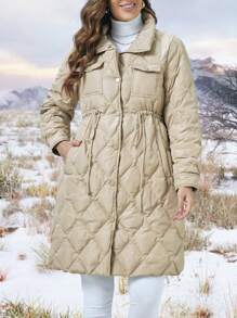 SHEIN Unity Abrigo con bolsillo con solapa guateado - Caqui - Ver 6