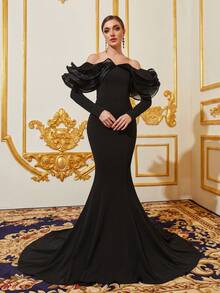 Faeriesty 女士优雅露肩荷叶边及地婚纱 优雅长袖新娘礼服，新娘，夏季度假装 - 黑色 - 查看 5