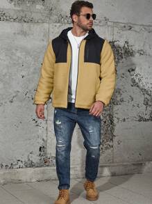 Manfinity Homme Men Plus Size Two Tone Zip Up Hooded Padded Coat - Mustard Yellow - View 4