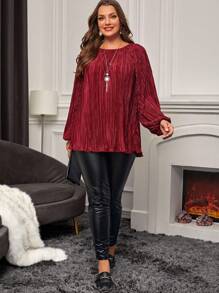 EMERY ROSE Plus Lantern Sleeve Plisse Tee - Burgundy - View 4
