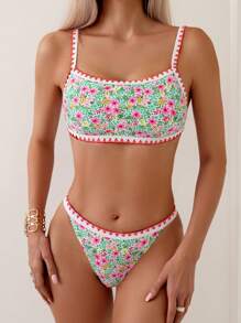 SHEIN Swim Summer Beach Floral Print Whip Stitch Bikini Set