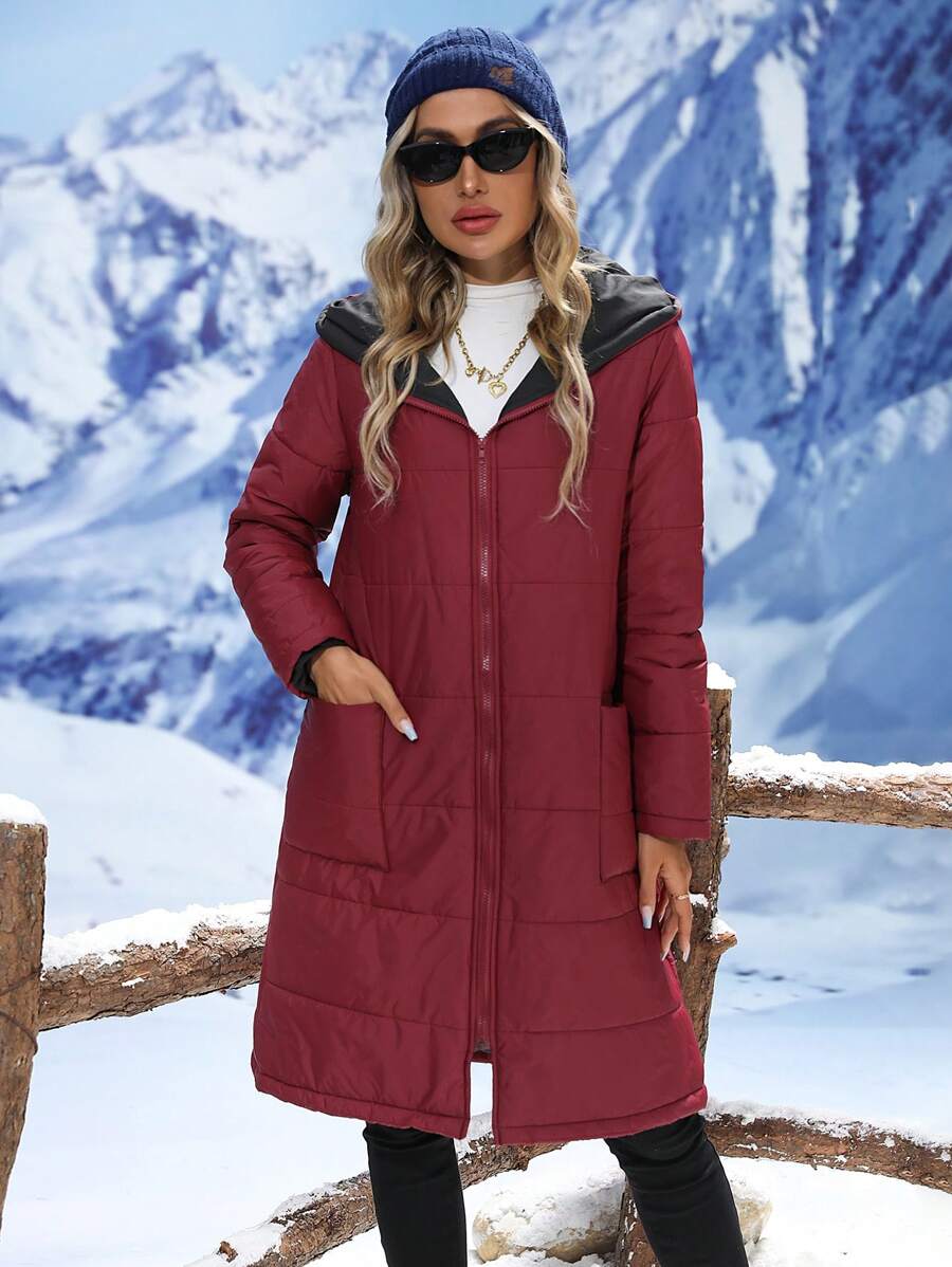 SHEIN LUNE Dual Pocket Hooded Padded Padded Coat Clothes Winter - Burgundy - View 1