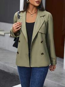 SHEIN LUNE NỮ Đôi ngực Áo khoác Trench - xanh quân đội - Xem 4