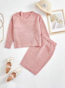 SHEIN Teenager Mädchen Pullover mit ausgeschnittenen Schultern & Strickrock