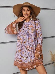 SHEIN VCAY Floral Print Flounce Sleeve Smock Dress - Multicolor - View 1