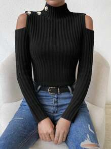SHEIN Essnce 高領挖肩紐扣細節套頭毛衣 - 黑色 - 查看 3