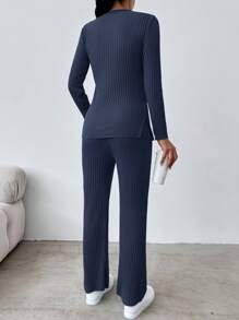 EURMUSE Women'S Ribbed Long Sleeve T-Shirt And Pants Two Piece Set - Navy Blue - View 2