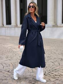 EURMUSE 女式純色翻領落肩毛呢大衣 - 藏蓝色 - 查看 1