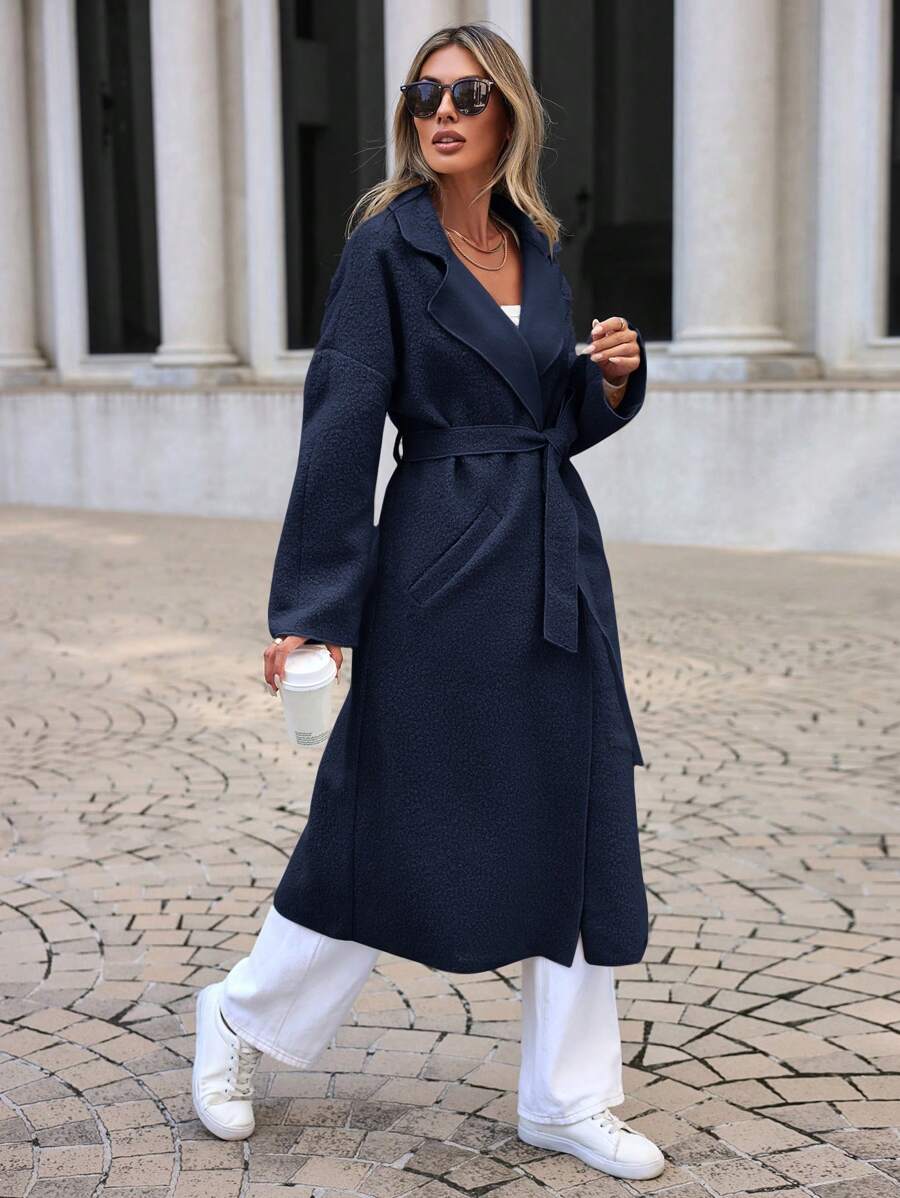 EURMUSE 女式純色翻領落肩毛呢大衣 - 藏蓝色 - 查看 1