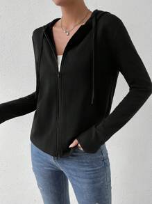 SHEIN Essnce Zip Up Drawstring Hooded Coat - Black - View 5