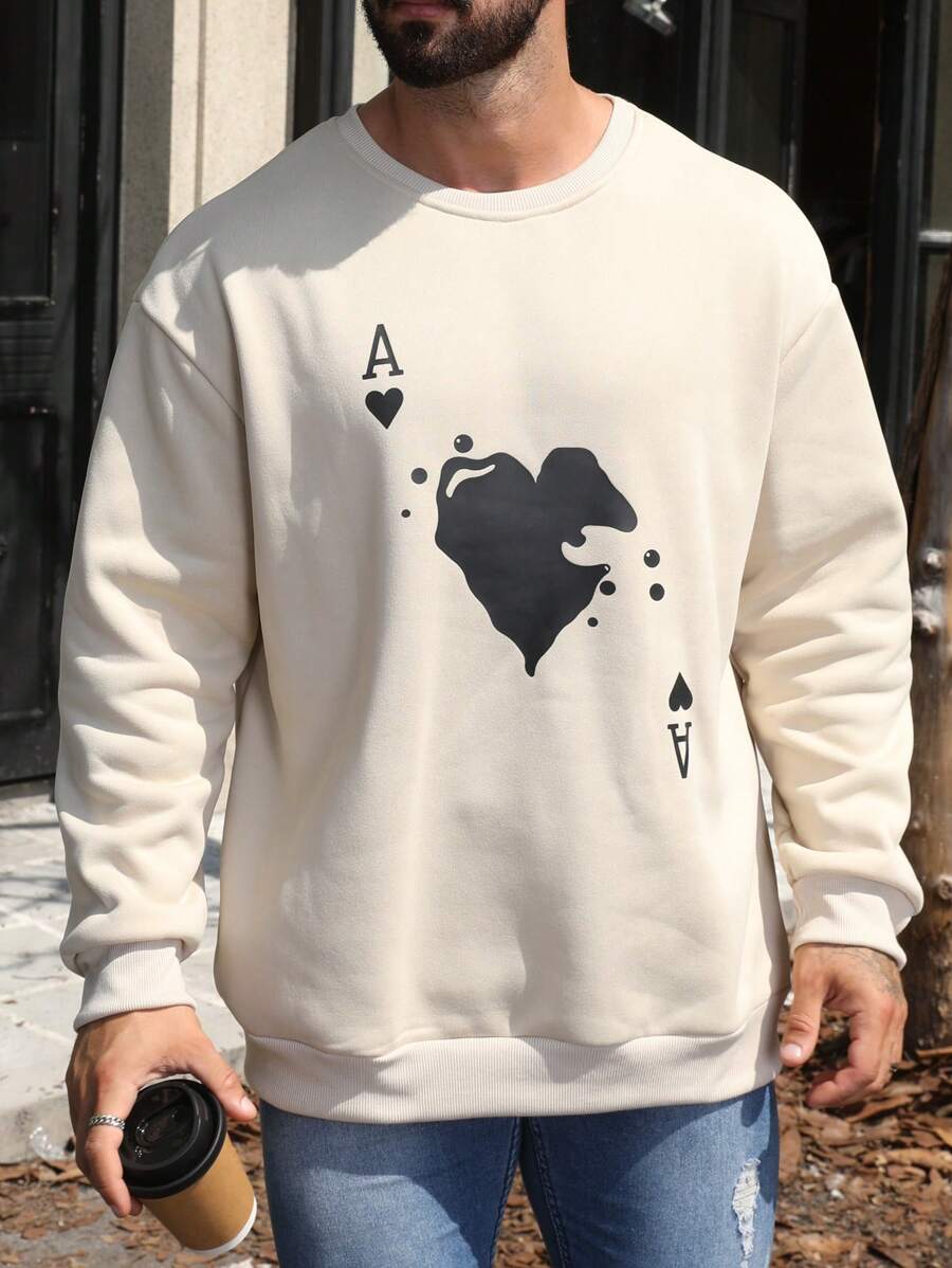 Manfinity Homme Men Plus Playing Card Print Thermal Lined Sweatshirt - Apricot - View 1