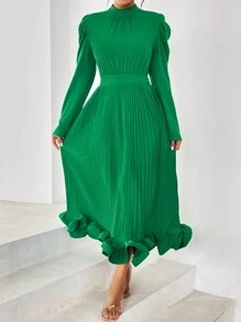 SHEIN Privé Mock Neck Puff Sleeve Ruffle Hem Pleated Ruffle Hem Dress