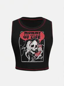Eduely Plus Skull & Slogan Graphic Top-stitching Tank Top - Black - View 1