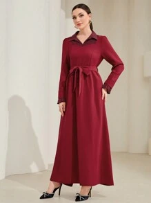 Modelyn Contrast Trim Belted Dress - Red - View 4
