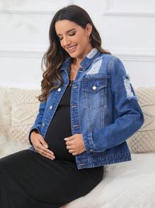 SHEIN Chaqueta Vaquera Premamá Desgastada - Azul lavado oscuro - Ver 4