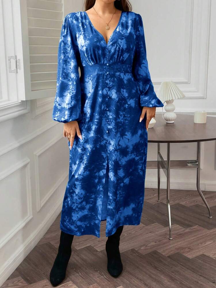 Plus Tie Dye Lantern Sleeve Split Thigh Dress Fall Cloth For Women