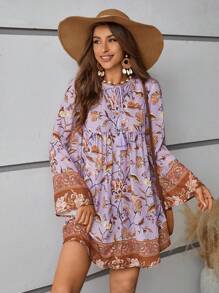 SHEIN VCAY Floral Print Flounce Sleeve Smock Dress - Multicolor - View 3
