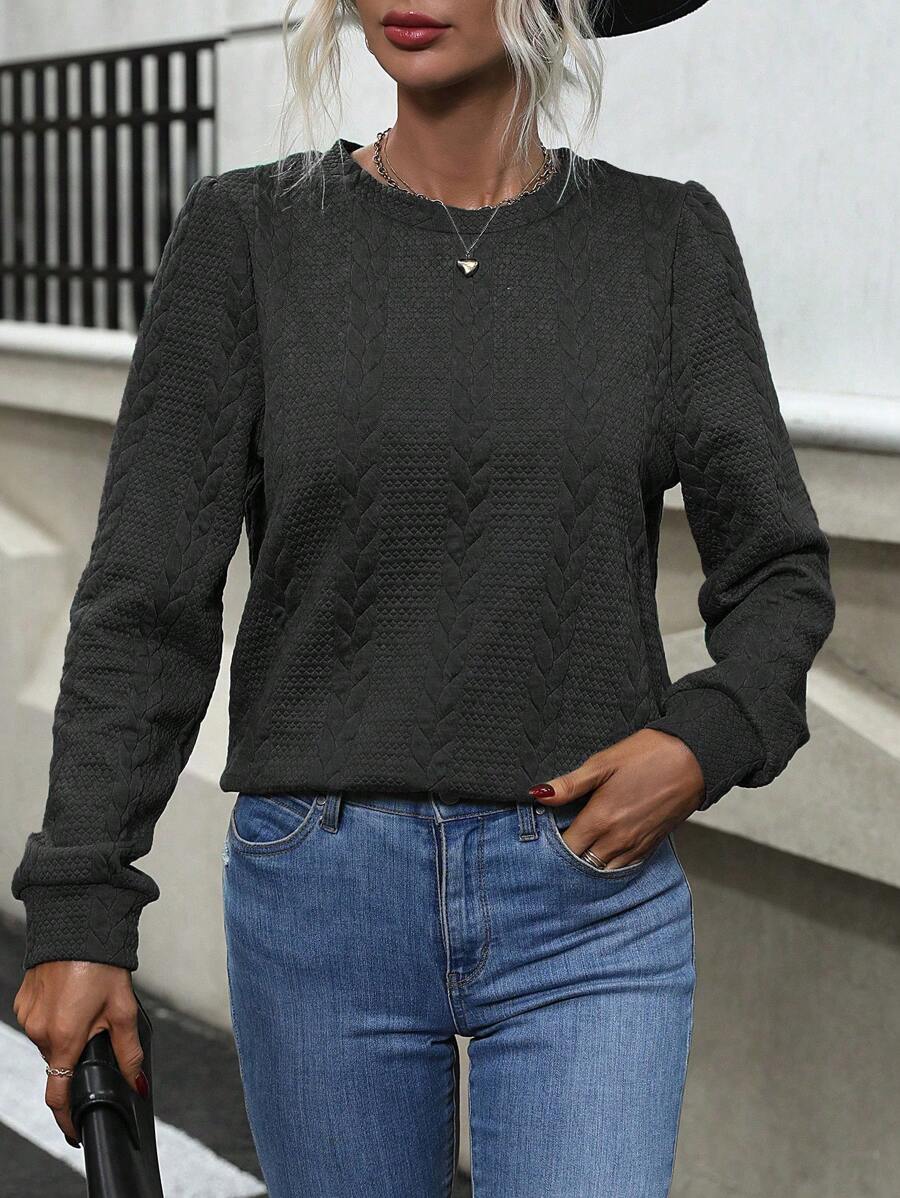 SHEIN Frenchy Solid Round Neck Sweatshirt - Black - View 1