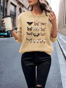 SHEIN EZwear 蝴蝶圖案加絨內裏運動衫 - 杏色 - 查看 4