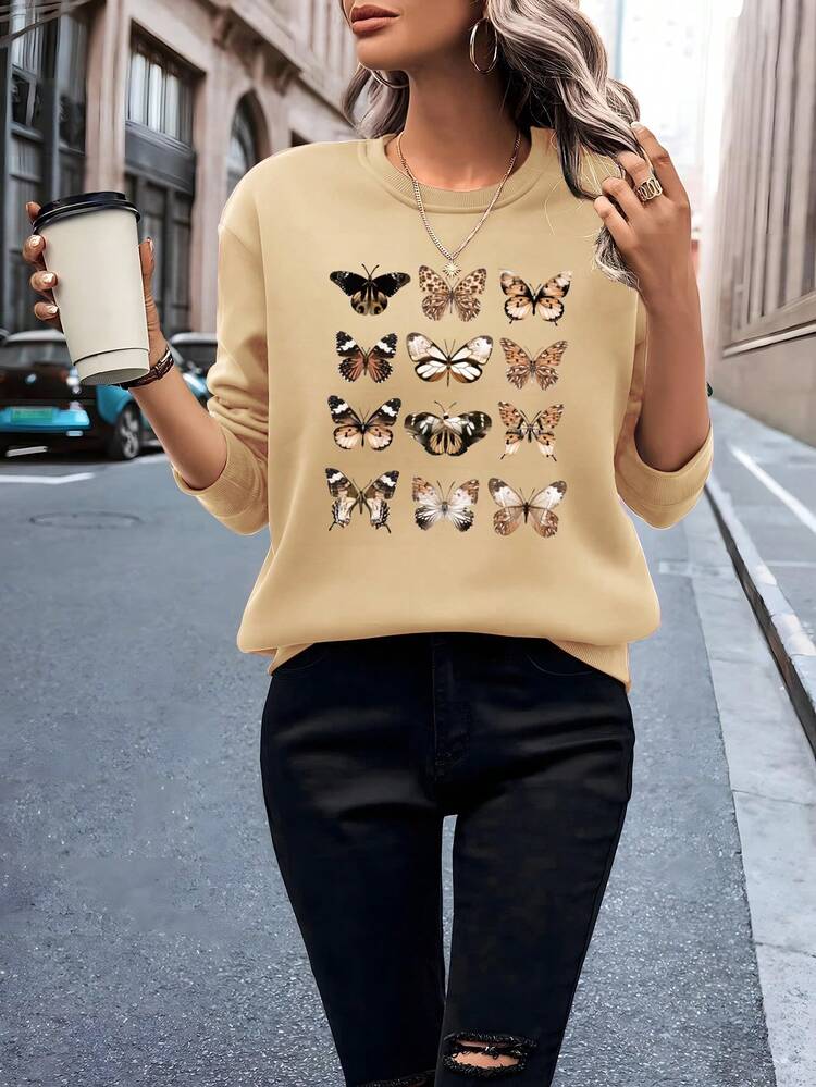 SHEIN EZwear 蝴蝶圖案加絨內裏運動衫 - 杏色 - 查看 4