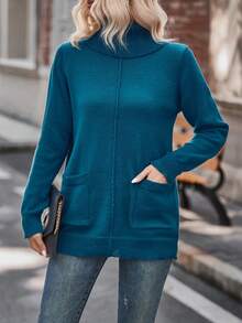 SHEIN LUNE Turtleneck Dual Pocket Sweater - Blue - View 4