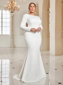 SHEIN Belle Hơn Viền rìa Không lưng Nàng tiên cá Hem Váy dự tiệc - trắng - Xem 2