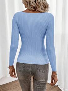 SHEIN Clasi Boat Neck Ribbed Knit Sweater,Long Sleeve Tops - Baby Blue - View 2