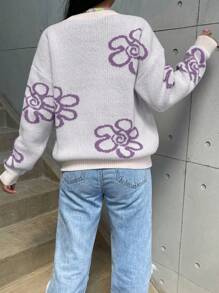 SHEIN Qutie 花卉圖案落肩袖套頭毛衣 - 紫色 - 查看 2