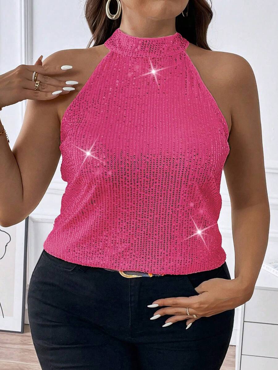 Allurite Plus Sequin Halter Top - Hot Pink - View 1
