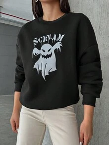 EURMUSE Ghost & Letter Graphic Drop Shoulder Sweatshirt - Black - View 4