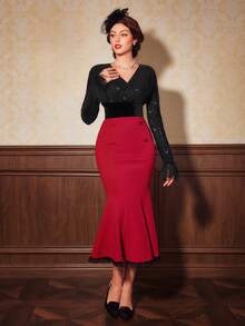 SHEIN DECDS 紐扣細節蕾絲邊魚尾短裙 - 酒紅色 - 查看 2