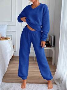 RueChic Drop Shoulder Sweatshirt & Pants - Royal Blue - View 3
